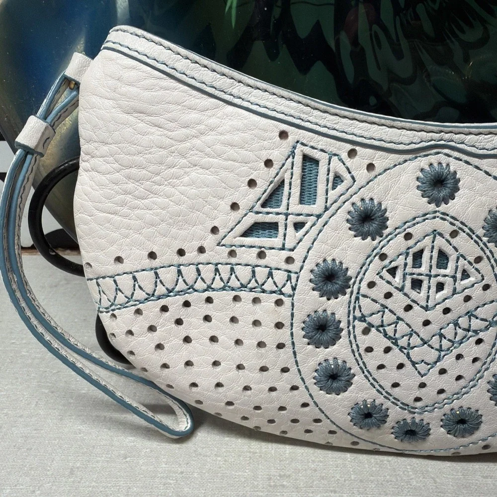 Cole Haan Kayla Cream Leather Wristlet Pouch Boho Perforated Embroidered Y2K